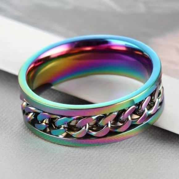 8mm men or womens stainless steel rainbow spinner ring size 6 to 12 available - Picture 4 of 5